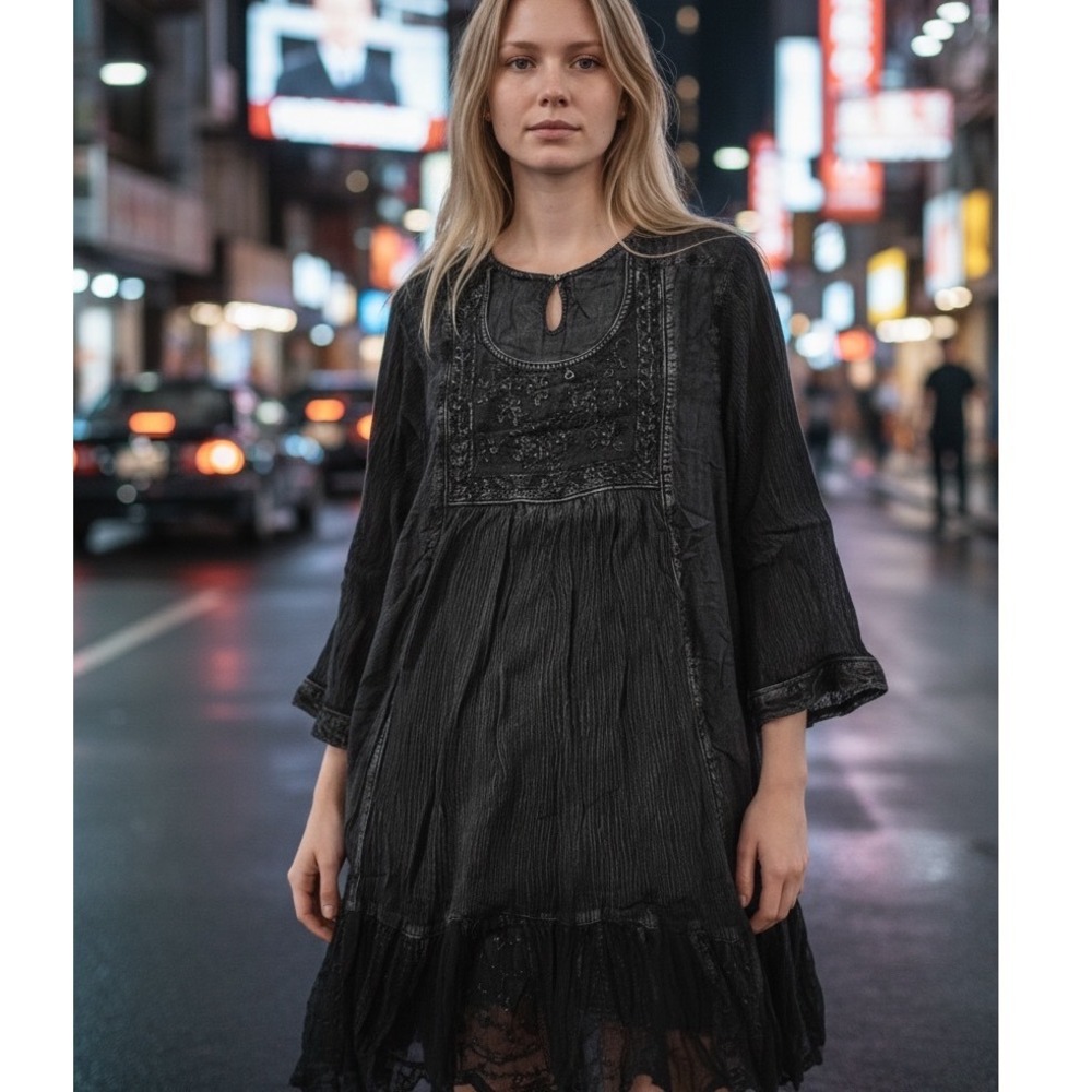 Young Threads Black Embroidered Crinkle Viscose Boho Mini Dress Whimsy Goth